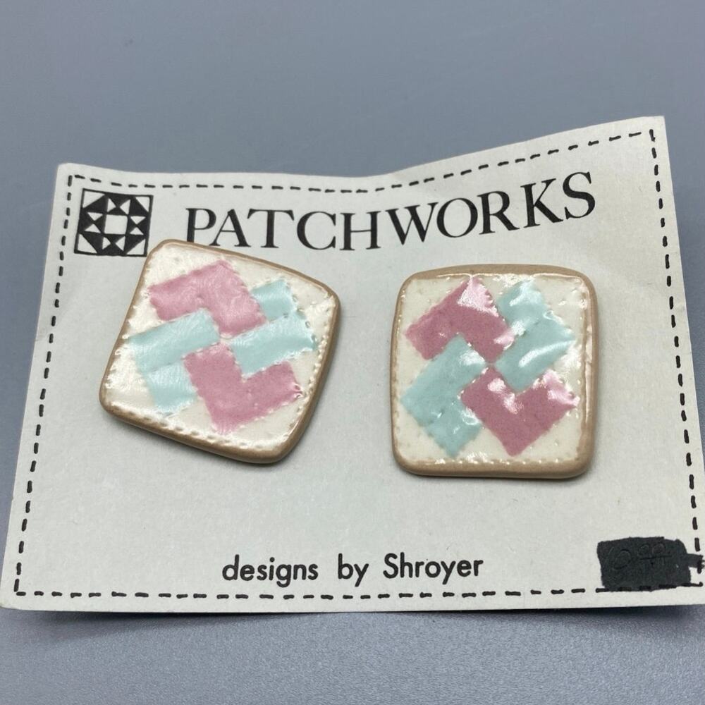 Patchworks quilting Handmade Ceramic‎ vintage large post Earrings 80s Pink,Blue